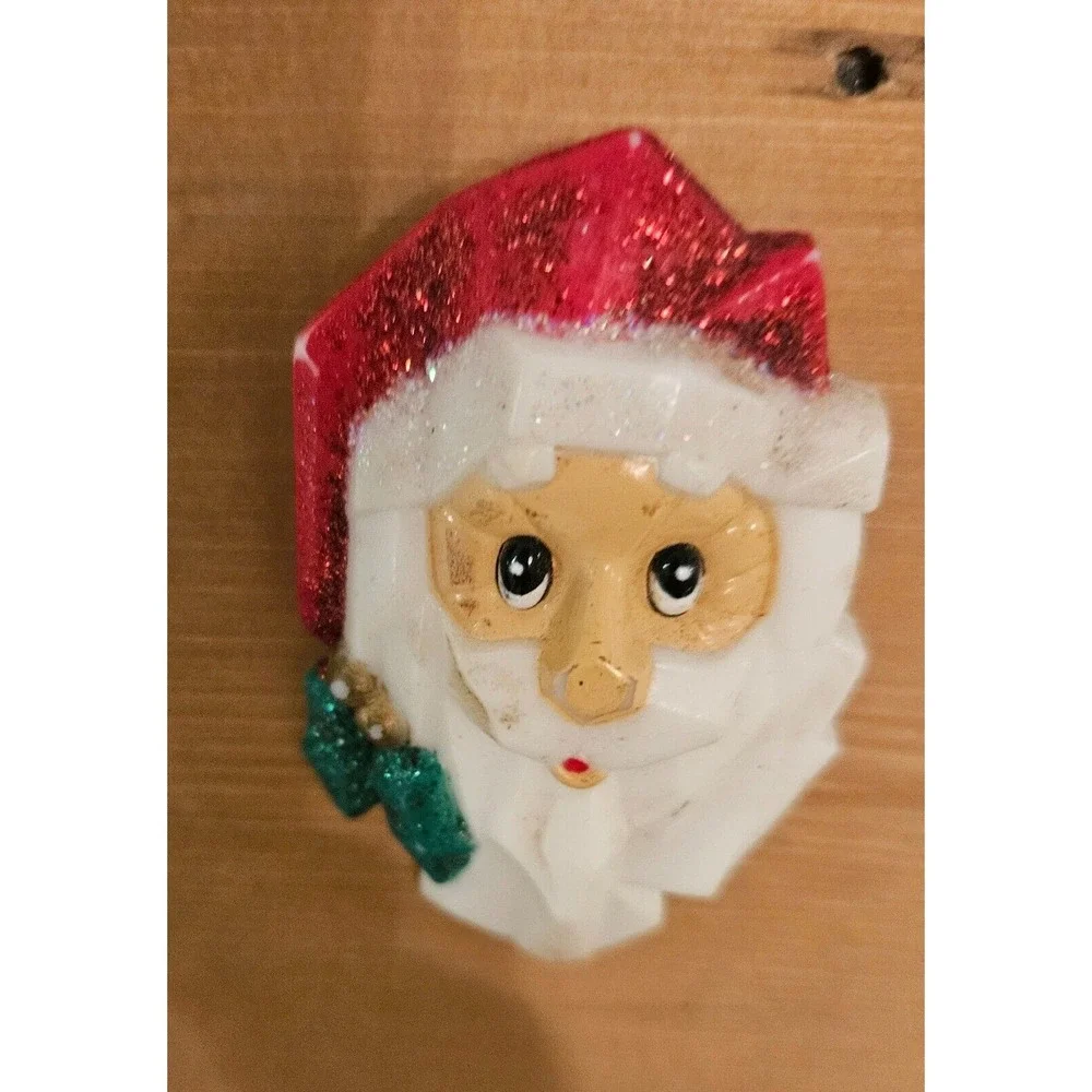Vintage Santa Claus Face Christmas Holiday‎ Brooch Pin Red Glittery Hat